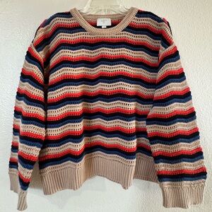 LOFT Outlet Striped Open Knit Crewneck Sweater Large Petite